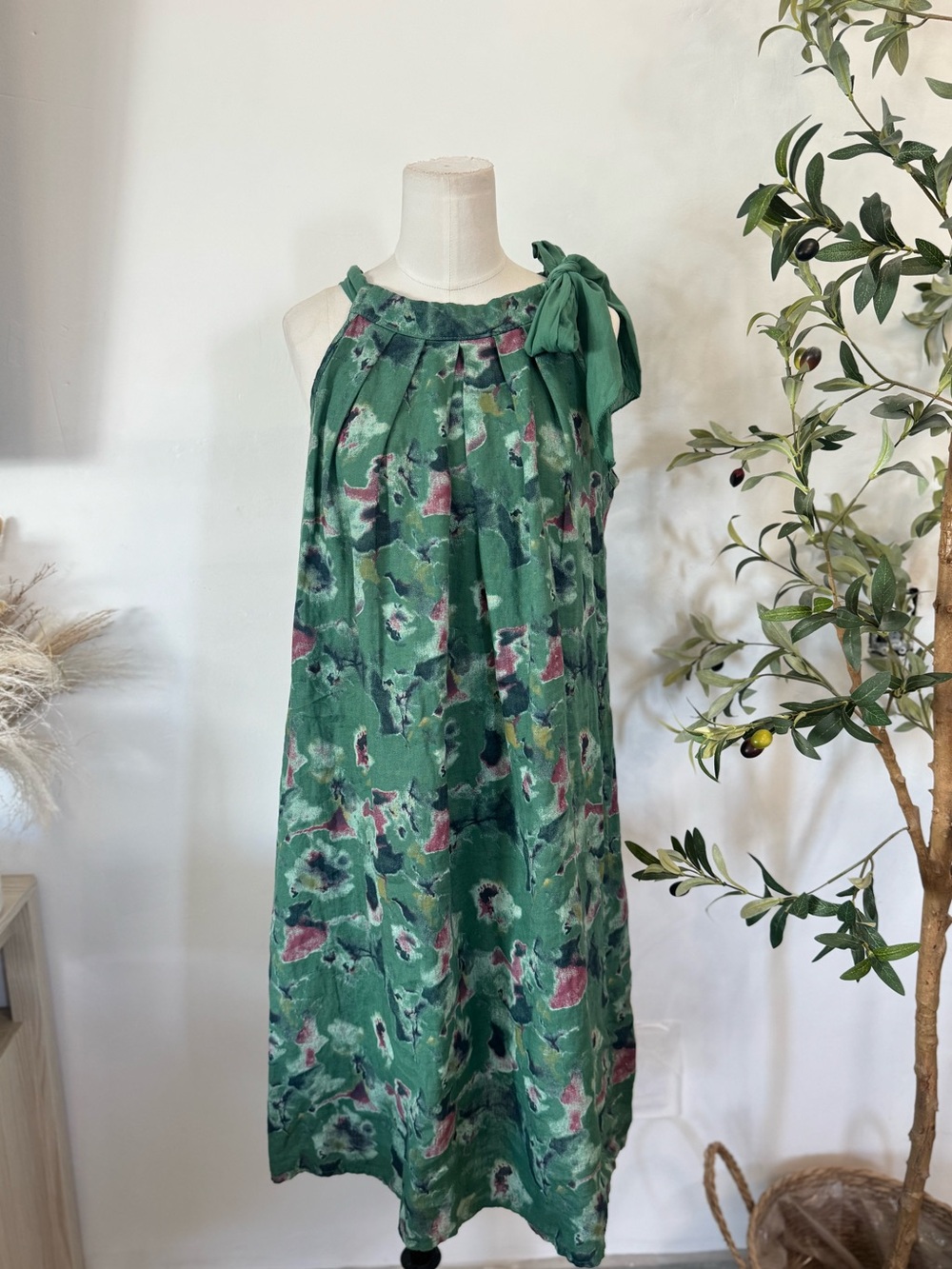 Bellambia 100% Linen Green Abstract Floral Maxi Dress Made in Italy L